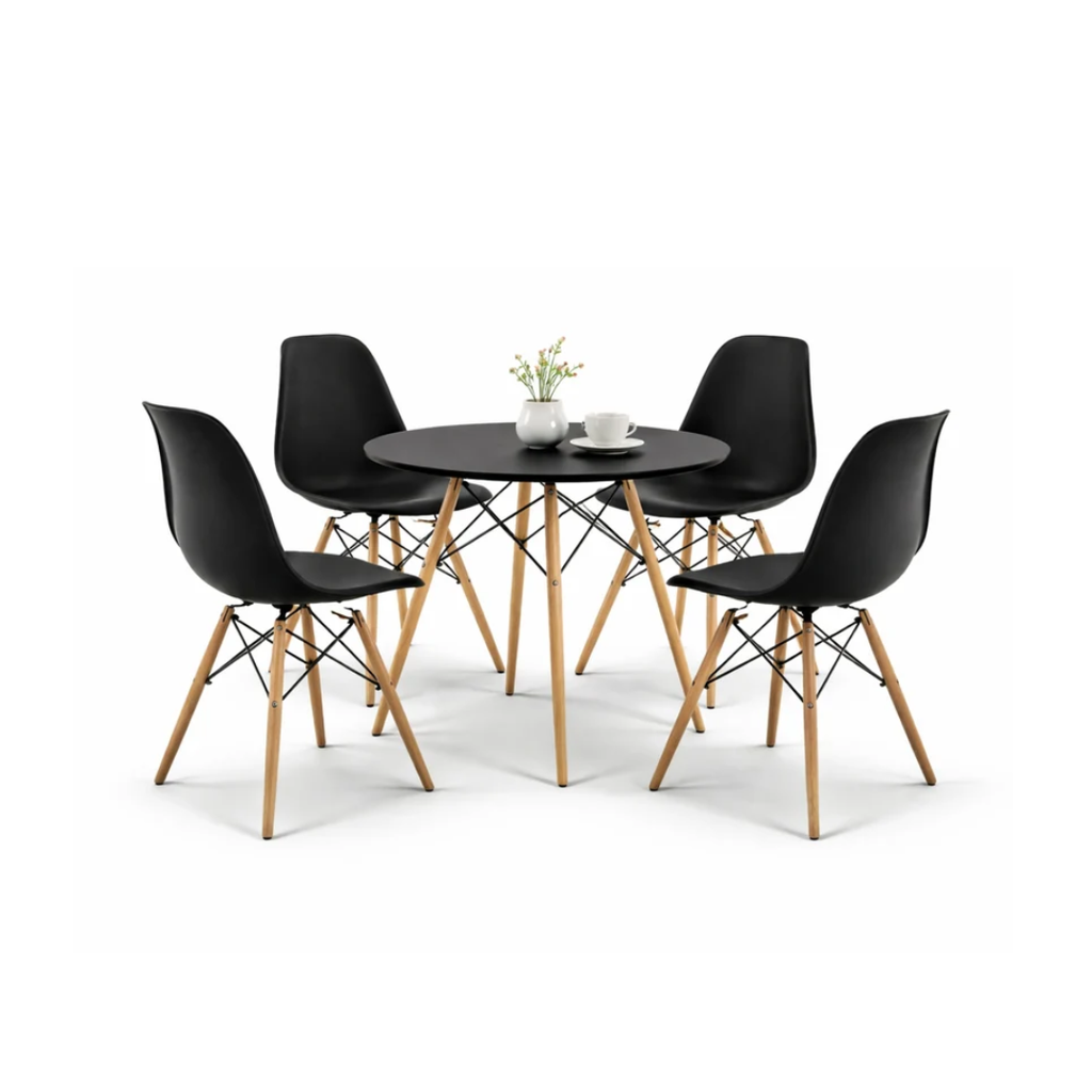 Comedor Oslo 80 Negro | Mesa redonda + 4 sillas eames Oslo