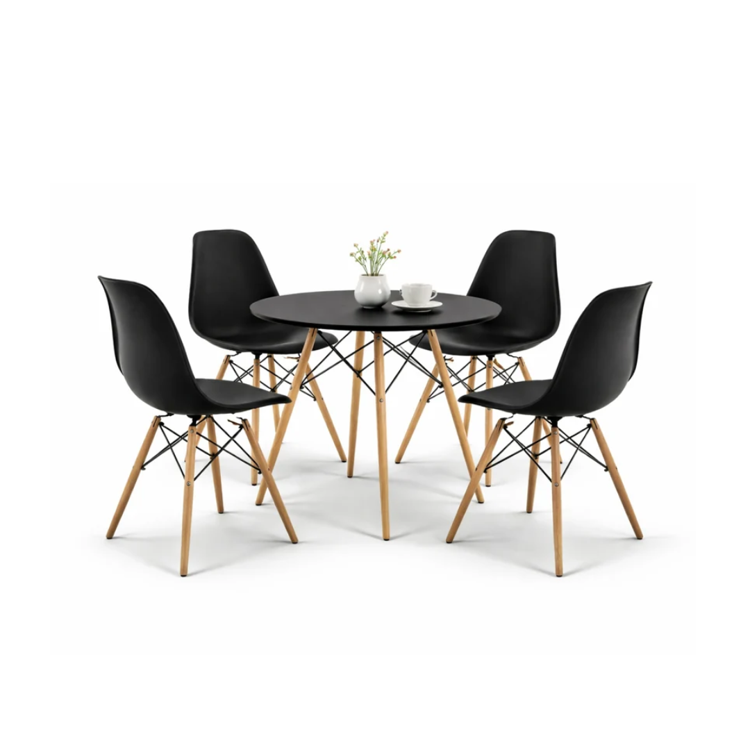 Comedor Oslo 80 Negro | Mesa redonda + 4 sillas eames Oslo
