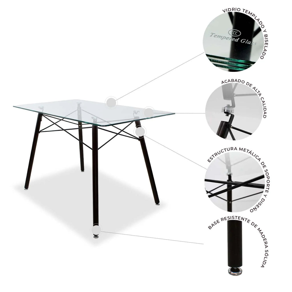 Comedor Mesa Oslo Cristal T5 NOGAL + 4 Sillas Frankfurt