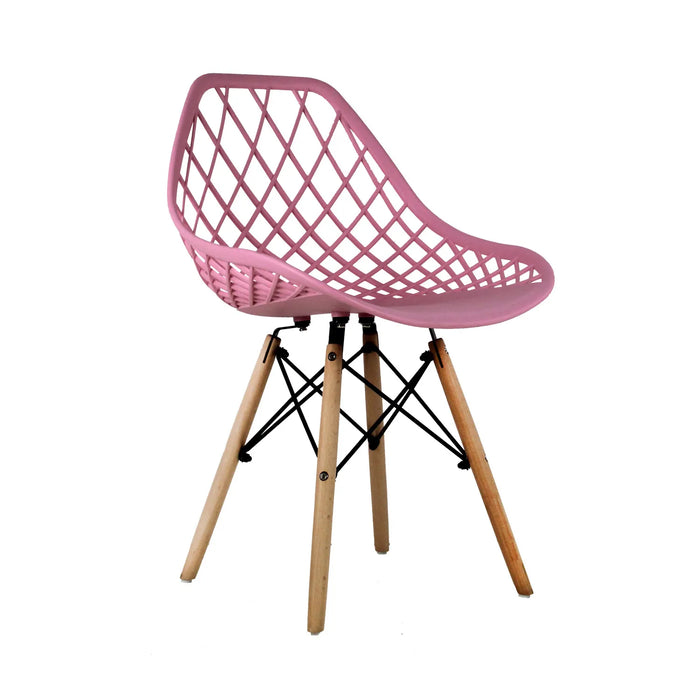 Silla Oslo Vento con asiento calado, patas de madera y refuerzos metálicos negros