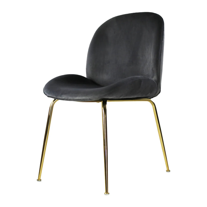 Silla Treviso de terciopelo con patas doradas, presentada en vista frontal y lateral