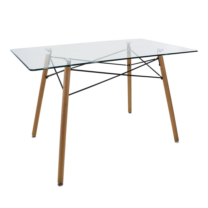 Mesa para comedor Oslo con tablero de cristal transparente, patas inclinadas de madera y refuerzos metálicos negros, vista en perspectiva sobre fondo blanco.